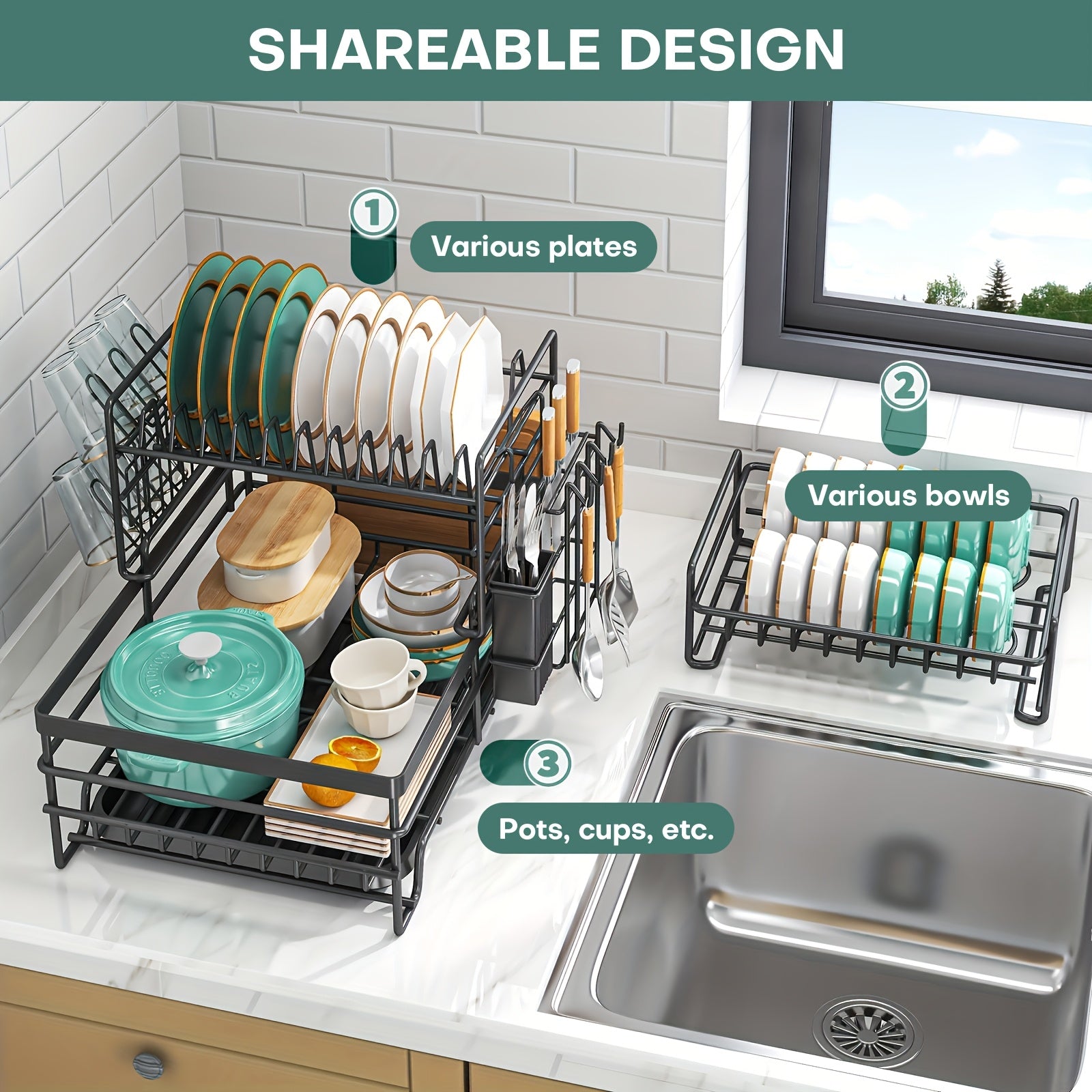 3-Tier Stainless Steel Dish Drying Rack with Removable Utensil Holder, Adjustable Plate Storage & Automatic Drainboard – Space-Saving Kitchen Counter Organizer for Dishes, Bowls, Mugs & More, Dish Drying Rack for Kitchen Counter