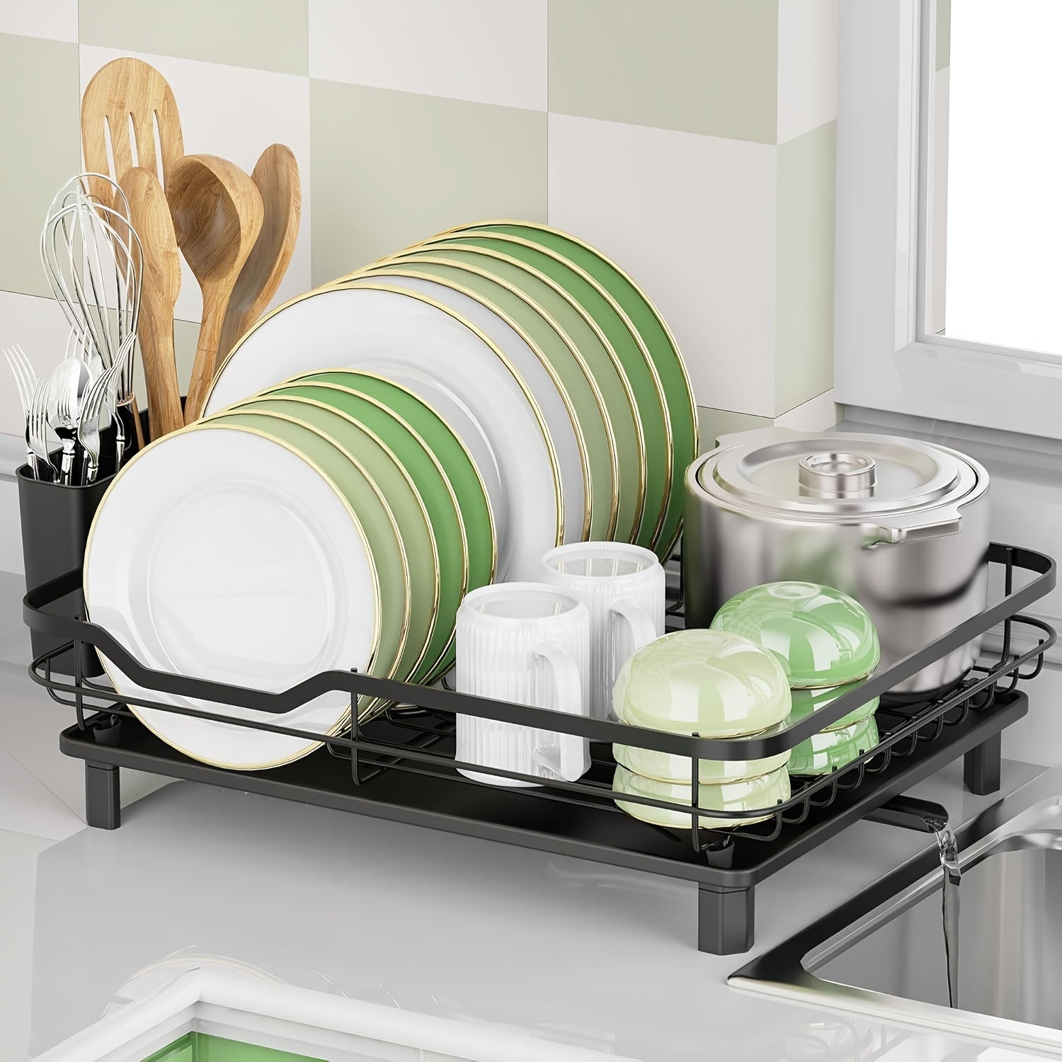 16.2"(L) X 12.6"(W) Stainless Steel Dish Drying Rack, Sturdy Dish Drainer With Drainboard, Utensil Holder, Rustproof Kitchen Counter Dish Rack