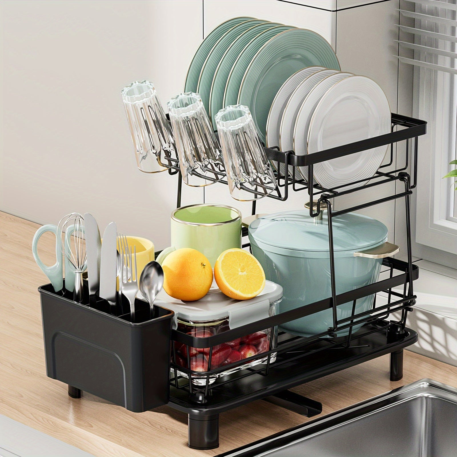 2-Tier Dish Drying Rack with Drain Tray and Swivel Drip Spout, Multifunctional Kitchen Countertop Storage Organizer - Metal and Plastic, Includes Cup Holder and Cutlery Holder, Space-Saving Plate Rack for Home and Apartment Use, 1pc