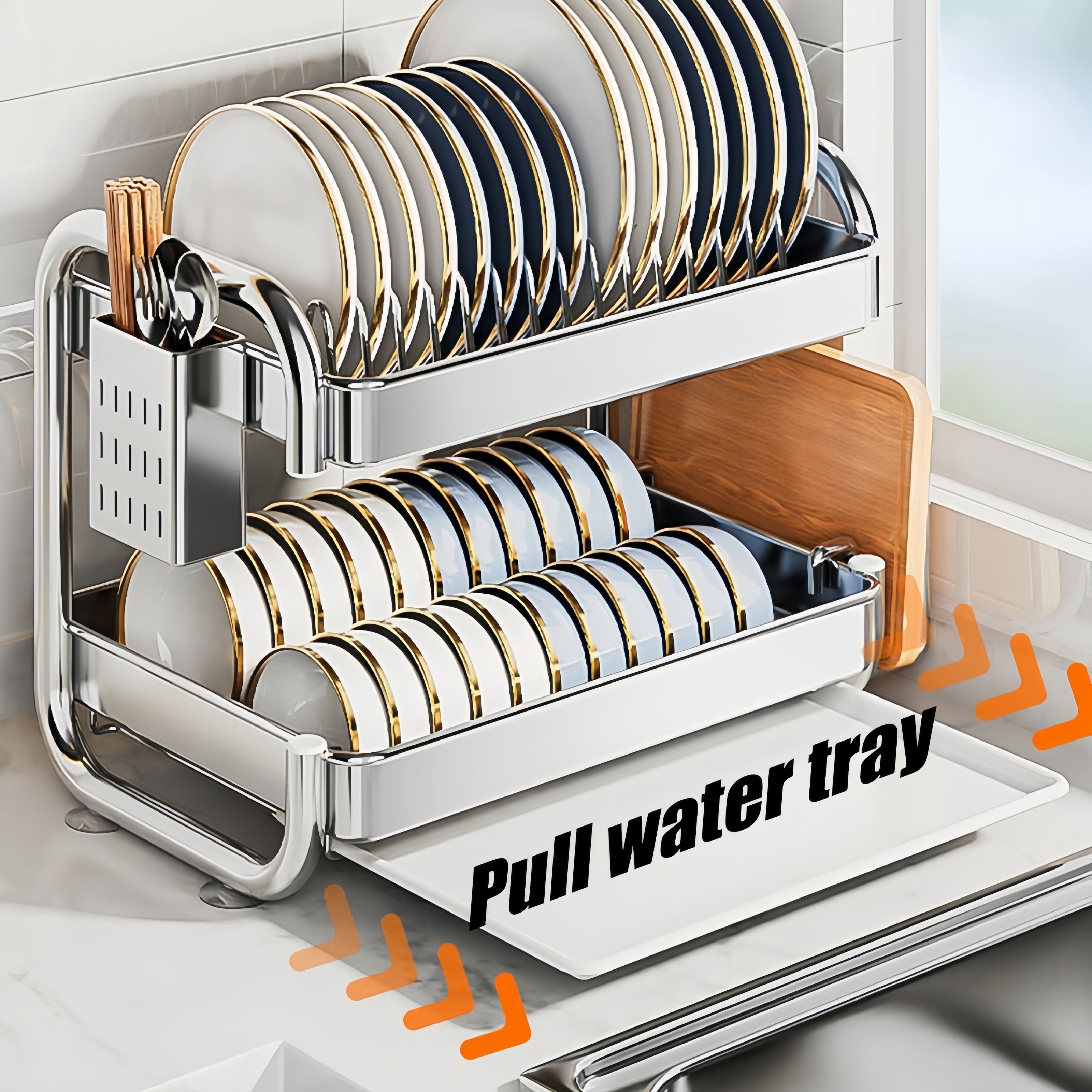 [Space-Saving Dish Rack] Stainless Steel Dish Drying Rack | Space-Saving Kitchen Counter Dish Rack With Cutlery Holder