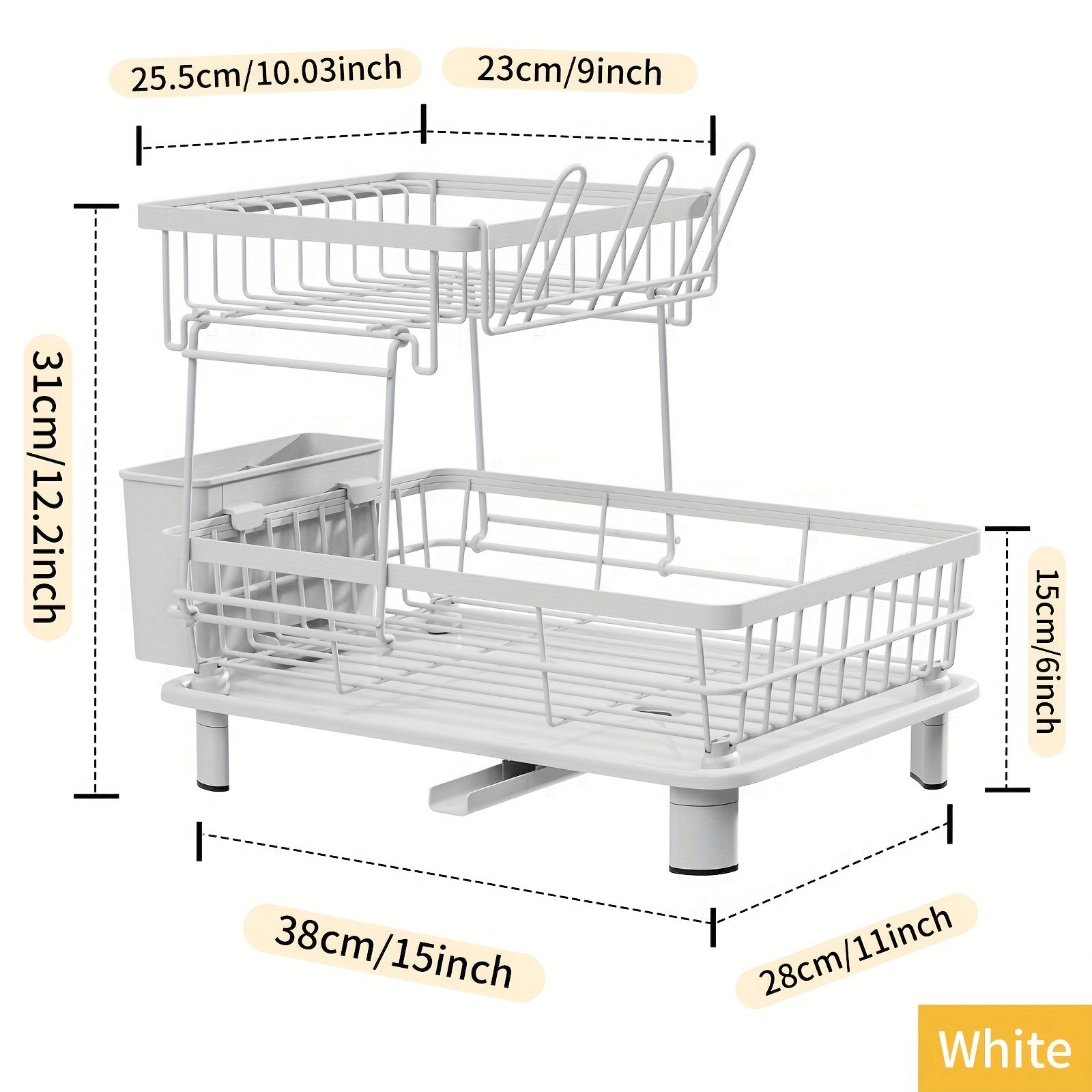 2-Tier Dish Drying Rack with Drainboard - Metal and Plastic Kitchen Dish Drainer with Utensil Holder - Anti-Rust Compact Countertop Dish Rack Organizer - 1pc Dish Racks for Home Kitchen Storage