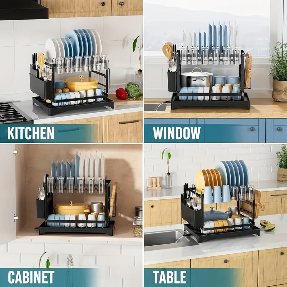 [Space-Saving Dish Drying Rack] Large Capacity 2-Tier Metal Dish Drying Rack with Drainboard | Stainless Steel Kitchen Counter Organizer for Dishes, Bowls & Cookware - Black, Space-Saving Design for 3-4 Person Households, Utensil Holders & Knife Slots