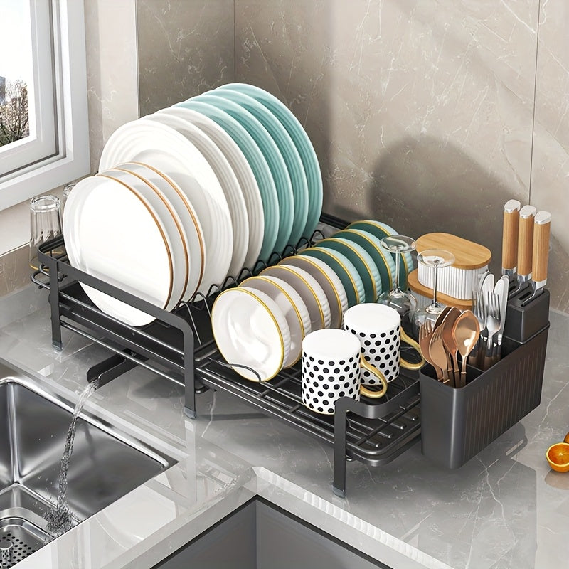 1pc Expandable Dishwasher Rack - Large Utensil Drying Rack with Drainage Plate Set, Multifunctional Utensil Rack for Kitchen Counter, Extendable Utensil Drain for Kitchen Counter, Valentine's Day Gifts, Black/white, 12.59 "W X 13.77" D