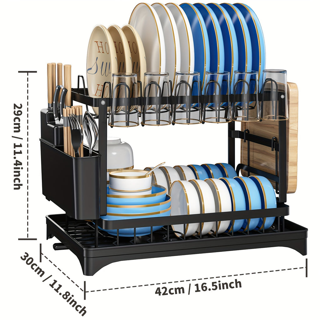Spacious 2-Tier White Dish Rack with Blue Accents - Multipurpose Kitchen Counter Organizer with Drainboard, Cup Holder & Utensil Slot, Rust-Proof Metal, Space-Saving Design