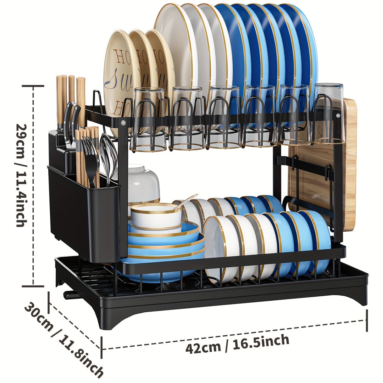 Spacious 2-Tier White Dish Rack with Blue Accents - Multipurpose Kitchen Counter Organizer with Drainboard, Cup Holder & Utensil Slot, Rust-Proof Metal, Space-Saving Design