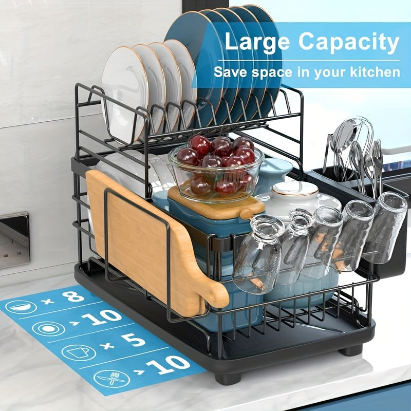 2-Tier Dish Drying Rack with Drain Board, Cutlery Holder, Cutting Board/Cup Holder and 3 Kitchen Counter Hooks, Rust-Proof Large Dish Drain Rack, Black