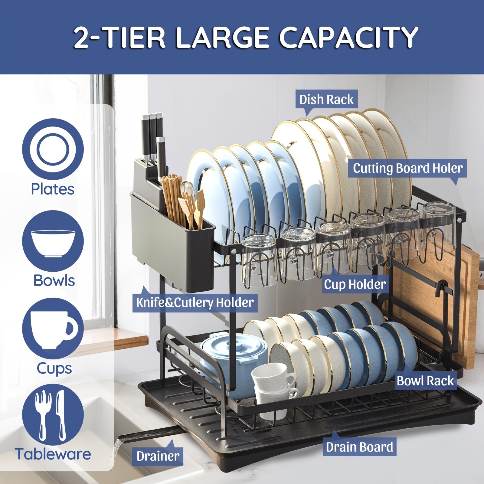 Large Dish Drying Rack With Drainboard Set, Dish Rack Extendable Dish Rack, Utensil Holder, Cup Holder, Expandable Dish Drainer For Kitchen Counter