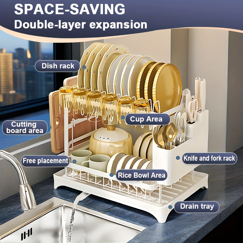 Heavy-Duty Stainless Steel Dish Drying Rack - Space-Saving Two-Tier Countertop Organizer with 360° Drainage System, Plate, Bowl, Cup & Utensil Holders - Compact Sink Rack for Modern Kitchen - Easy to Clean, Dish Drying Rack for Kitchen Counter, Clean Dish