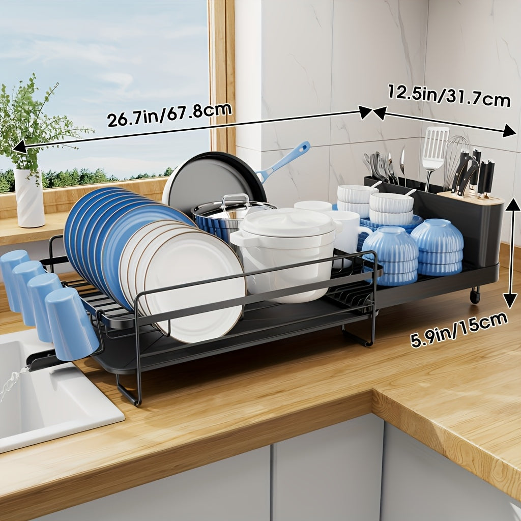 [Space-Saving Dish Drying Rack] Large Capacity 2-Tier Metal Dish Drying Rack with Drainboard | Stainless Steel Kitchen Counter Organizer for Dishes, Bowls & Cookware - Black, Space-Saving Design for 3-4 Person Households, Utensil Holders & Knife Slots