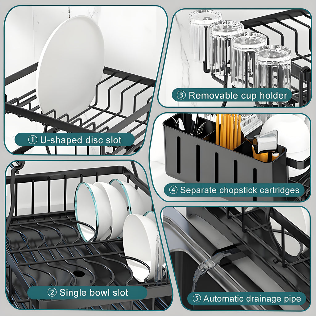 Heavy-Duty Stainless Steel Dish Drying Rack - Space-Saving Two-Tier Countertop Organizer with 360° Drainage System, Plate, Bowl, Cup & Utensil Holders - Compact Sink Rack for Modern Kitchen - Easy to Clean, Dish Drying Rack for Kitchen Counter, Clean Dish