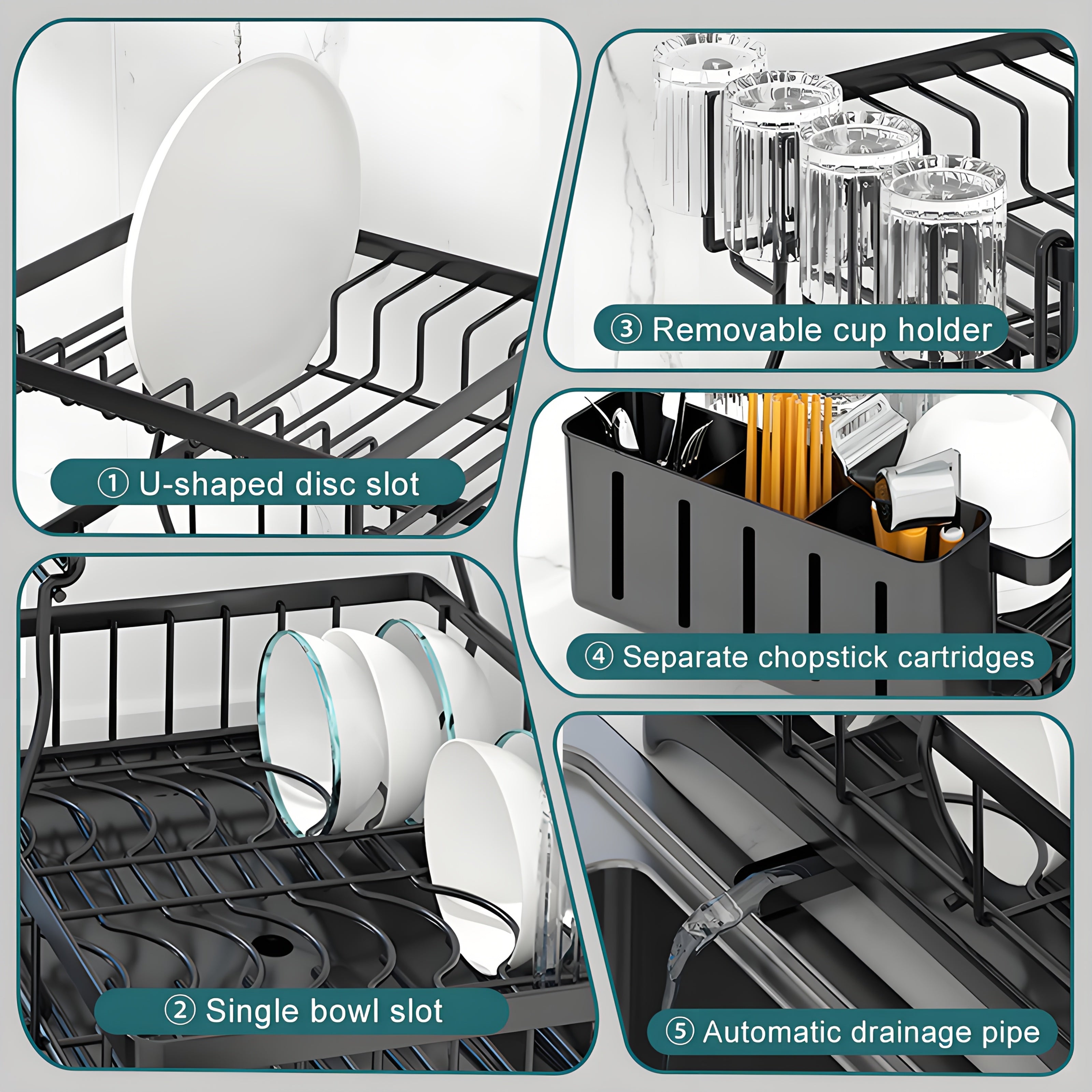 Heavy-Duty Stainless Steel Dish Drying Rack - Space-Saving Two-Tier Countertop Organizer with 360° Drainage System, Plate, Bowl, Cup & Utensil Holders - Compact Sink Rack for Modern Kitchen - Easy to Clean, Dish Drying Rack for Kitchen Counter, Clean Dish
