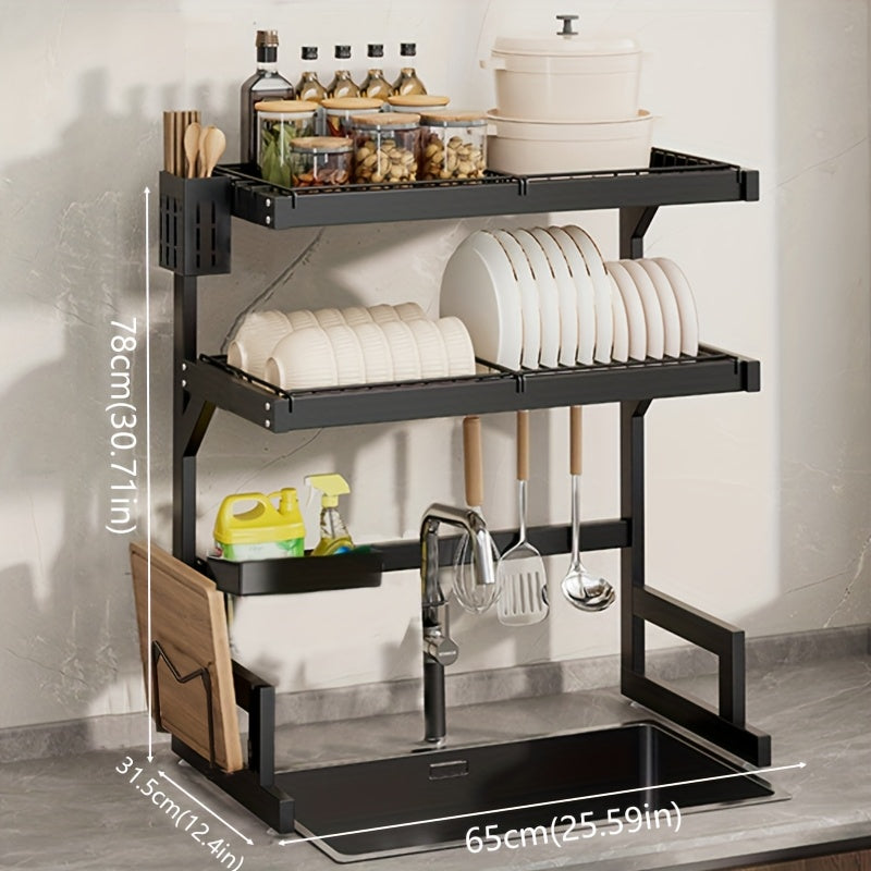 1-Layer/2-Layer Adjustable Countertop Dish Drying Rack - Removable Multi-Functional Kitchen Organizer with Chopstick Holder, Sponge & Cutting Board Storage, Space-Saving Plastic/Metal Design for Sink Area, Dish Drying Rack for Kitchen Counter, Utensil