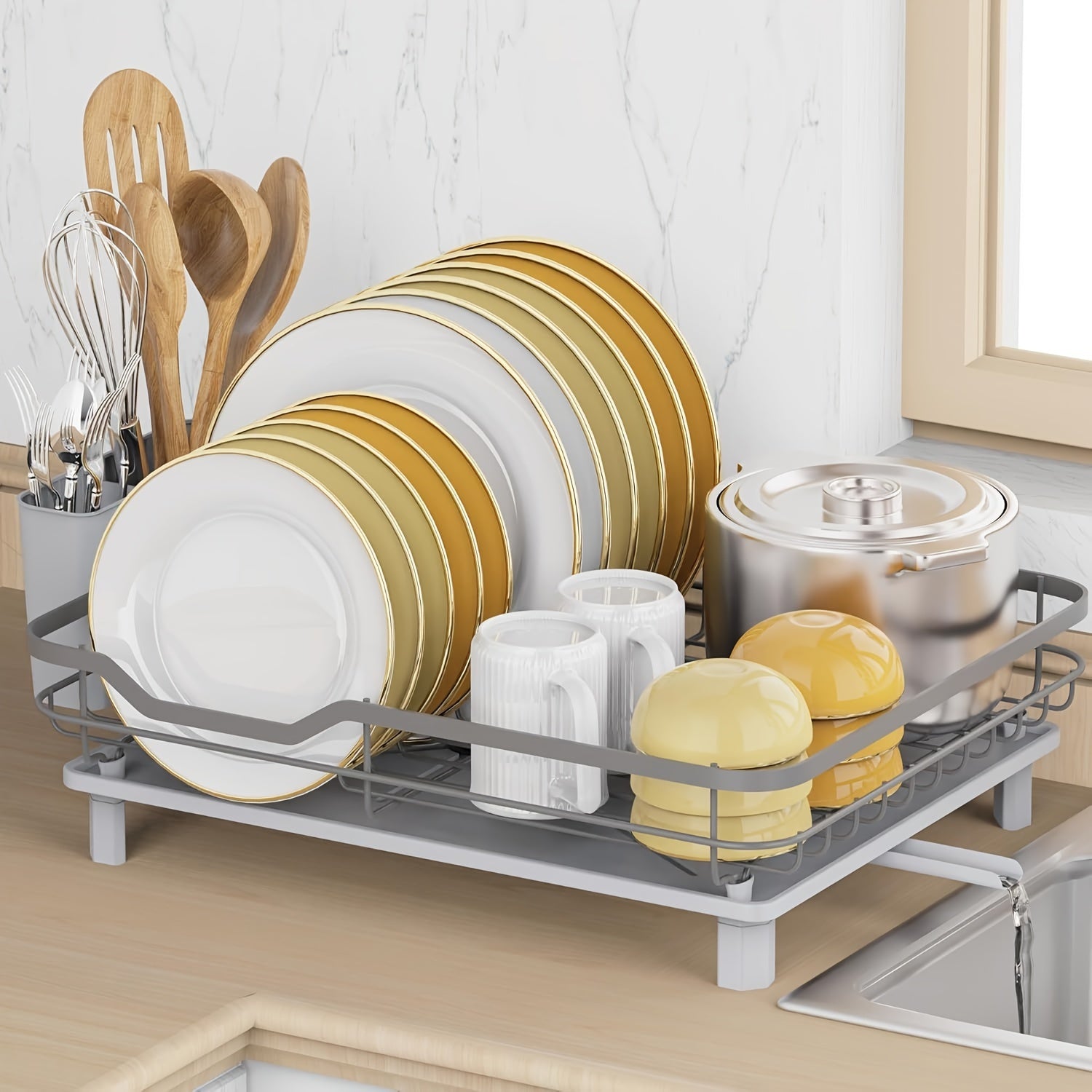 16.2"(L) X 12.6"(W) Stainless Steel Dish Drying Rack, Sturdy Dish Drainer With Drainboard, Utensil Holder, Rustproof Kitchen Counter Dish Rack