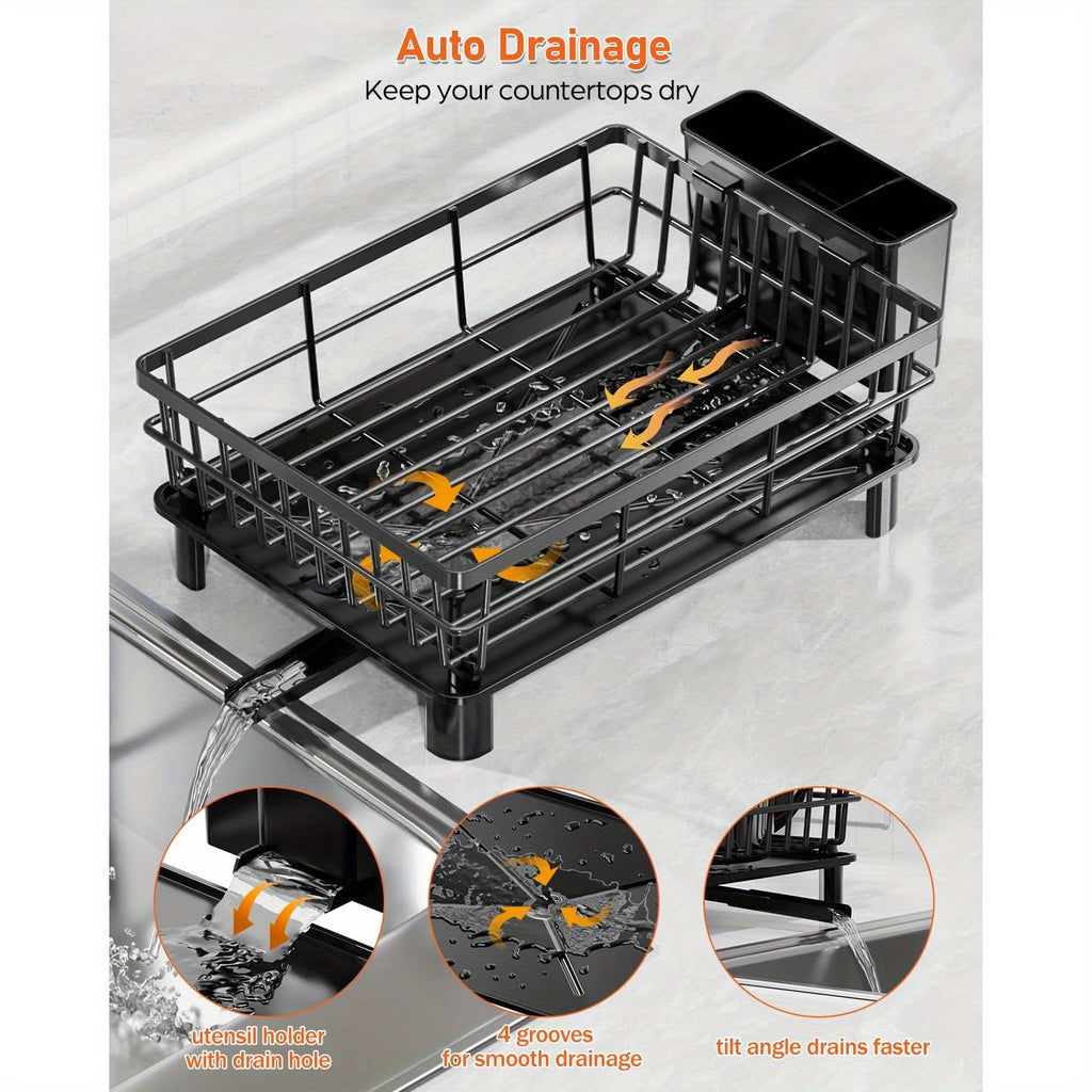 [Steel Dish Rack] Stainless Steel 1/2 Tier Dish Drying Rack | Multifunctional Dish Rack Kitchen Counter, Dish Drainer With Drainboard, Utensil Holder, Cup Holder Dishes, Knives, Spoons, Forks, Black