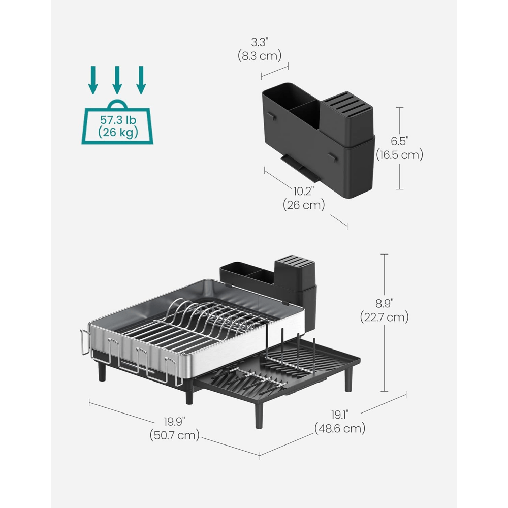 Large Dish Drying Rack, Expandable Dish Dryer for Kitchen Counter, Stainless Steel Dish Rack with Rotatable Spout, Utensil, Cup, Glass, Cutting Board, Pan Holders