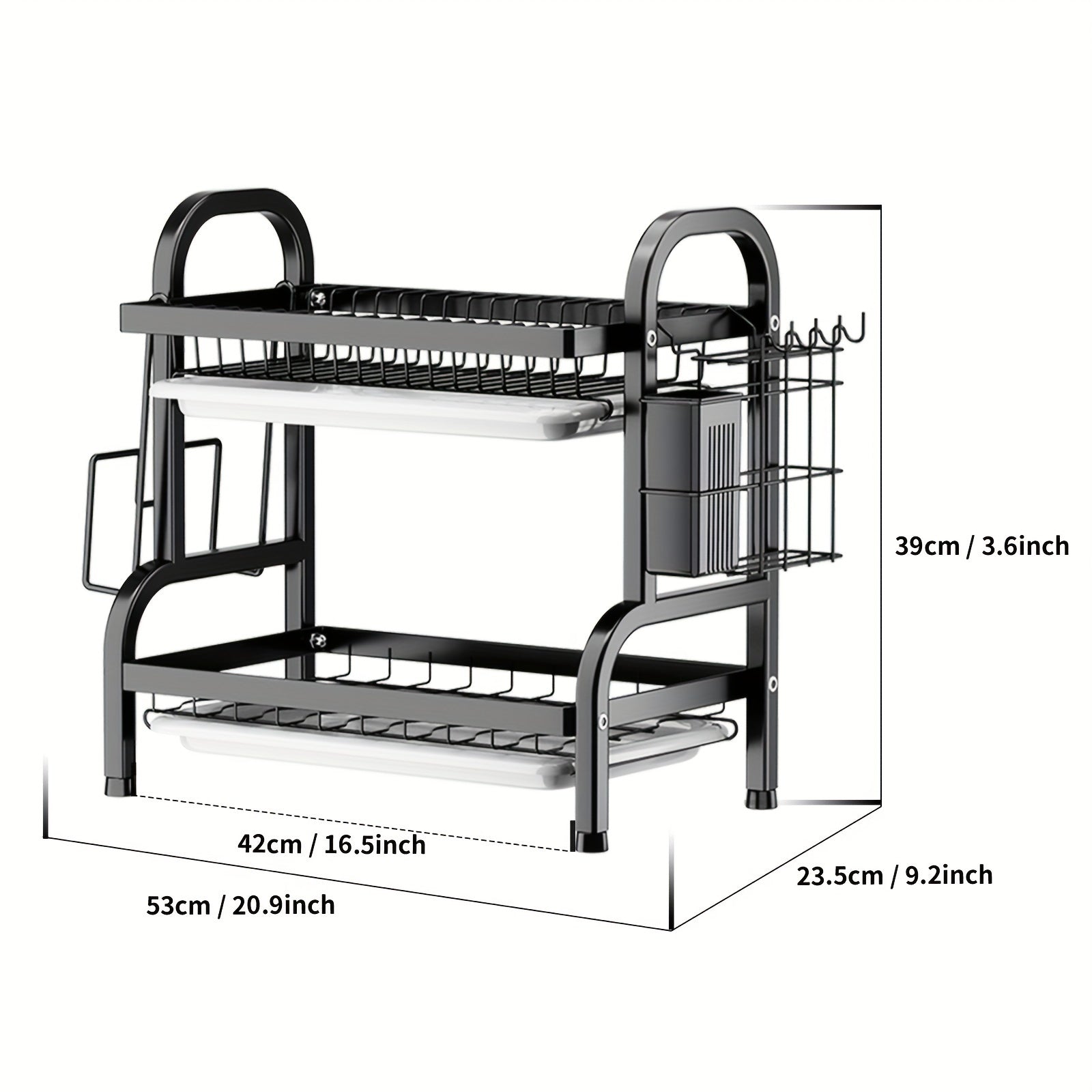 Dish Drying Rack, 2 Tier Large Dish Drying Rack For Kitchen Counter With Drainboard Dish Drainer For Dish/Knifes/Cup/Cutting Board, Black