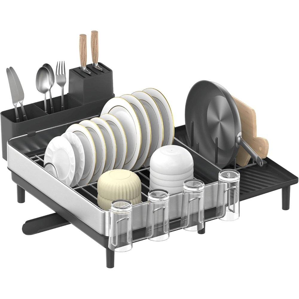 Large Dish Drying Rack, Expandable Dish Dryer for Kitchen Counter, Stainless Steel Dish Rack with Rotatable Spout, Utensil, Cup, Glass, Cutting Board, Pan Holders