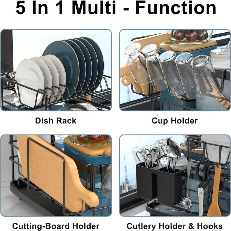 2-Tier Dish Drying Rack with Drain Board, Cutlery Holder, Cutting Board/Cup Holder and 3 Kitchen Counter Hooks, Rust-Proof Large Dish Drain Rack, Black