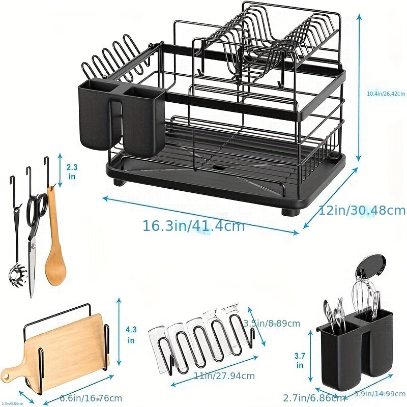 2-Tier Dish Drying Rack with Drain Board, Cutlery Holder, Cutting Board/Cup Holder and 3 Kitchen Counter Hooks, Rust-Proof Large Dish Drain Rack, Black
