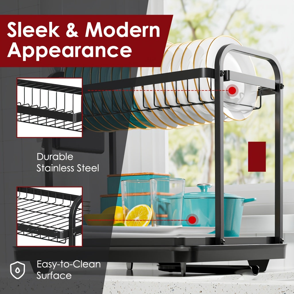 [Space-Saving Dish Drying Rack] Large Capacity 2-Tier Metal Dish Drying Rack with Drainboard | Stainless Steel Kitchen Counter Organizer for Dishes, Bowls & Cookware - Black, Space-Saving Design for 3-4 Person Households, Utensil Holders & Knife Slots