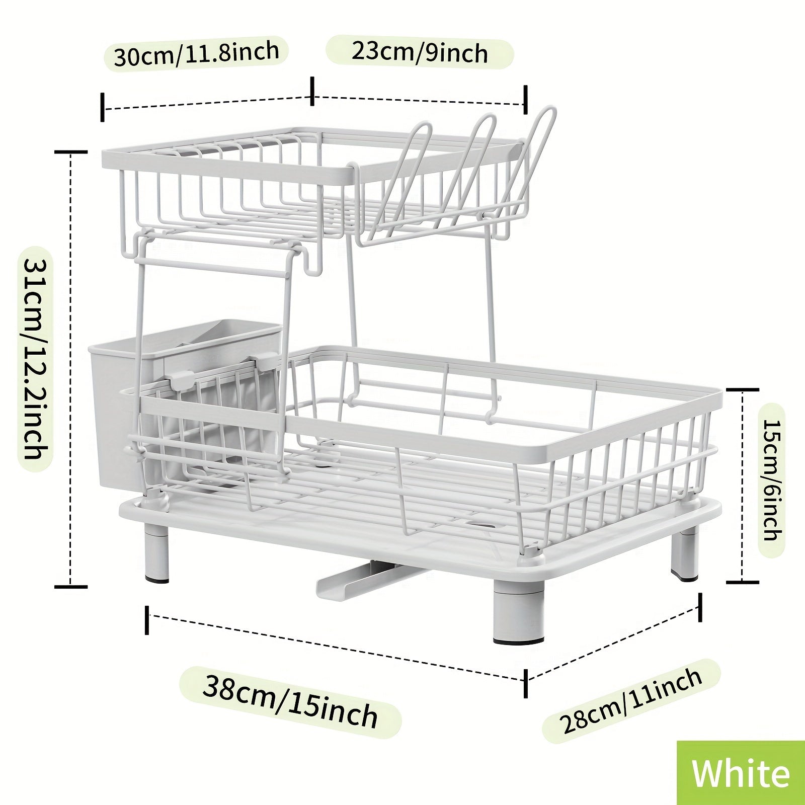 2-Tier Dish Drying Rack with Drain Tray and Swivel Drip Spout, Multifunctional Kitchen Countertop Storage Organizer - Metal and Plastic, Includes Cup Holder and Cutlery Holder, Space-Saving Plate Rack for Home and Apartment Use, 1pc