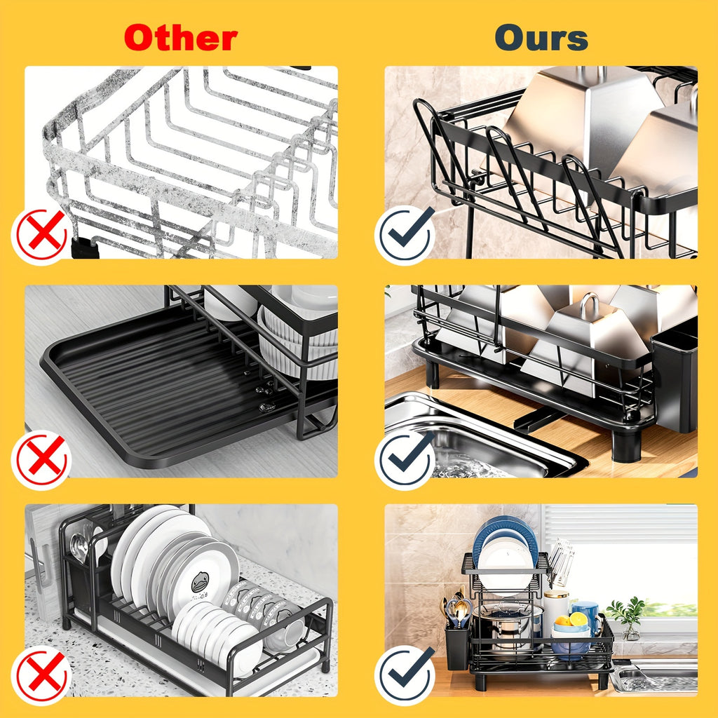 2-Tier Dish Drying Rack with Drainboard - Metal and Plastic Kitchen Dish Drainer with Utensil Holder - Anti-Rust Compact Countertop Dish Rack Organizer - 1pc Dish Racks for Home Kitchen Storage