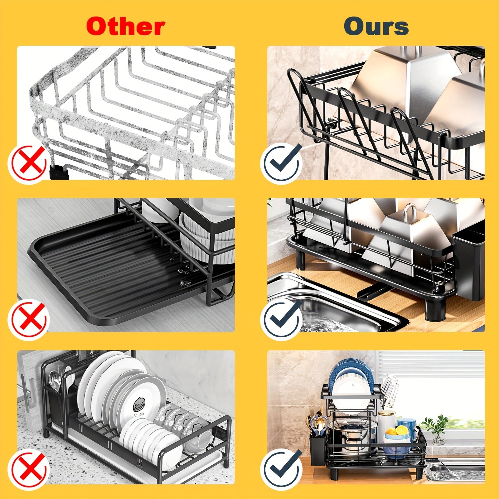 2-Tier Dish Drying Rack with Drainboard - Metal and Plastic Kitchen Dish Drainer with Utensil Holder - Anti-Rust Compact Countertop Dish Rack Organizer - 1pc Dish Racks for Home Kitchen Storage
