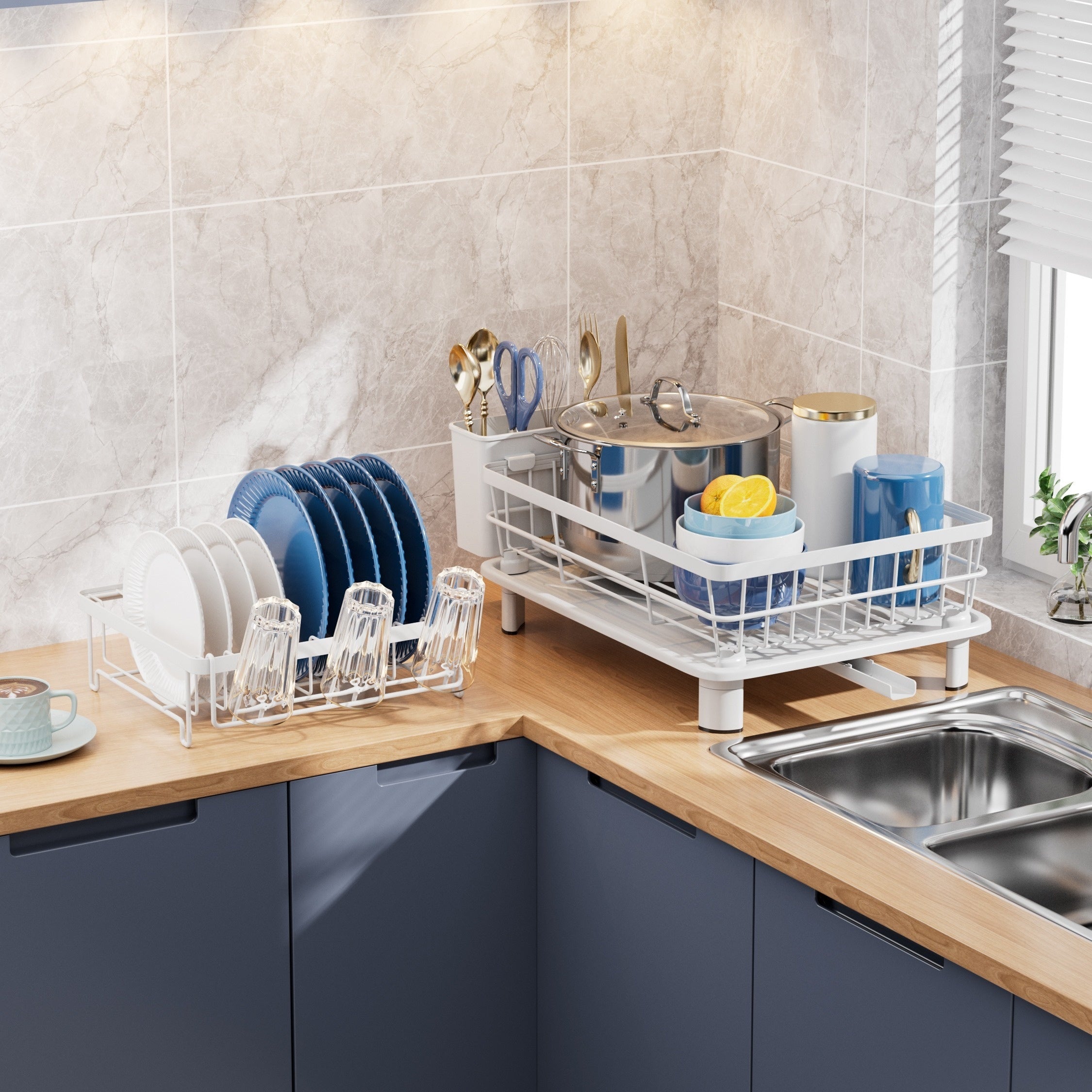2-Tier Dish Drying Rack with Drainboard - Metal and Plastic Kitchen Dish Drainer with Utensil Holder - Anti-Rust Compact Countertop Dish Rack Organizer - 1pc Dish Racks for Home Kitchen Storage