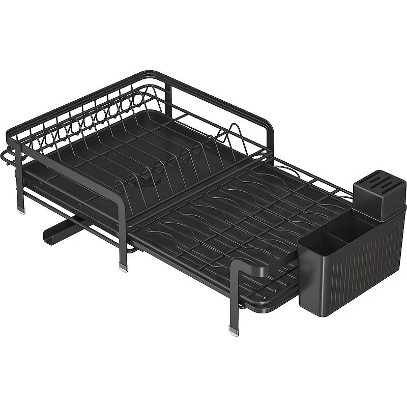 1pc Expandable Dishwasher Rack - Large Utensil Drying Rack with Drainage Plate Set, Multifunctional Utensil Rack for Kitchen Counter, Extendable Utensil Drain for Kitchen Counter, Valentine's Day Gifts, Black/white, 12.59 "W X 13.77" D
