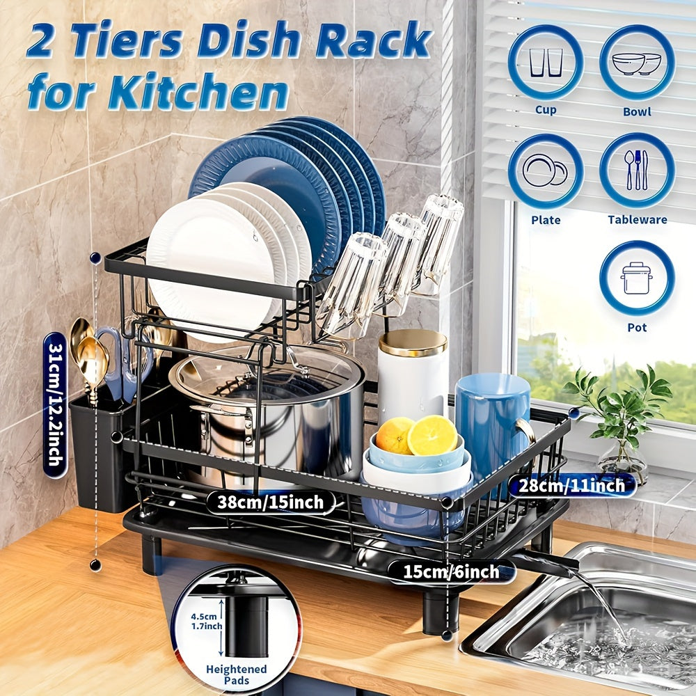 Dish Drying Rack, 2 Tier Dish Rack For Kitchen Counter With Utensil Holder, Cup Holder, Drying Mat, Drainboard, Dish Strainer, Dish Drainer For Sink, Utility Racks