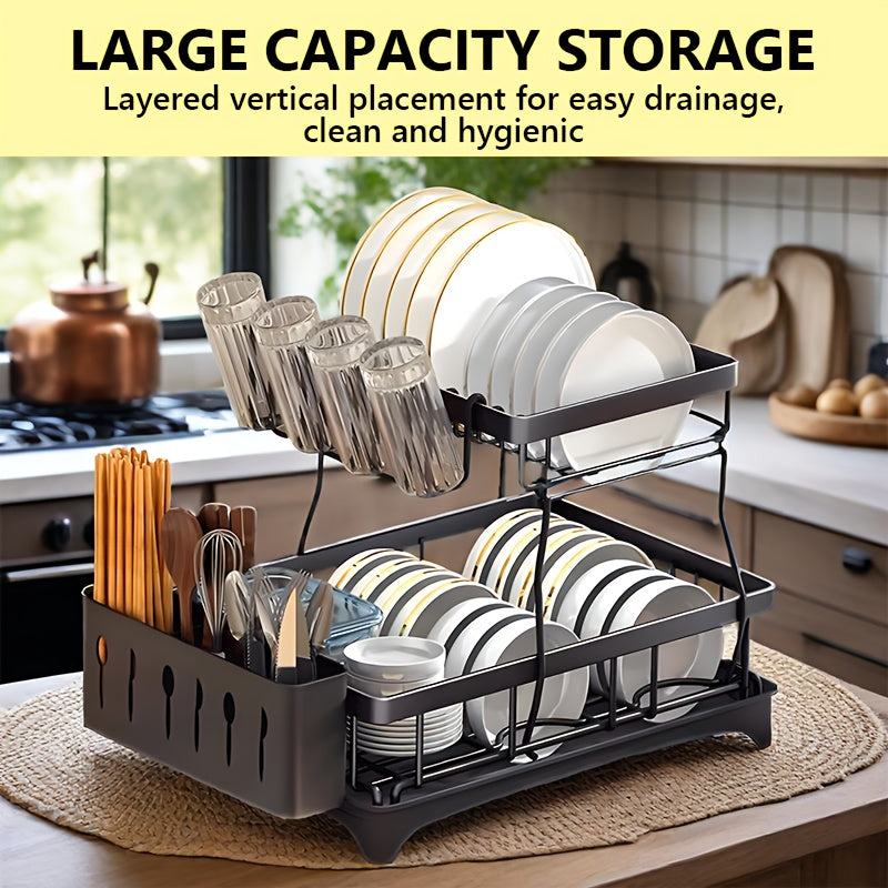 Heavy-Duty Stainless Steel Dish Drying Rack - Space-Saving Two-Tier Countertop Organizer with 360° Drainage System, Plate, Bowl, Cup & Utensil Holders - Compact Sink Rack for Modern Kitchen - Easy to Clean, Dish Drying Rack for Kitchen Counter, Clean Dish