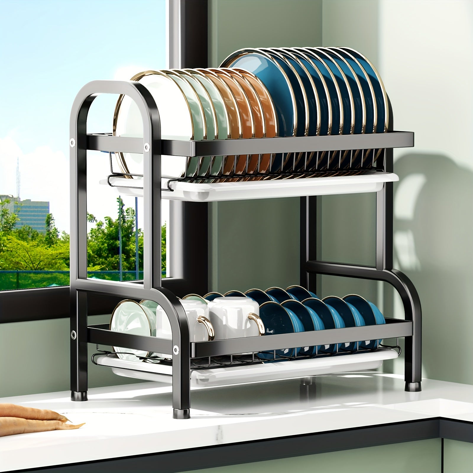 Dish Drying Rack, 2 Tier Large Dish Drying Rack For Kitchen Counter With Drainboard Dish Drainer For Dish/Knifes/Cup/Cutting Board, Black