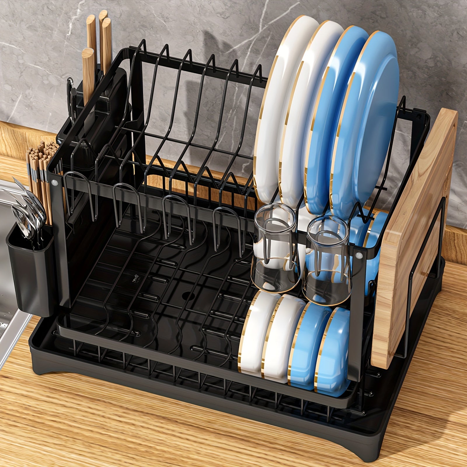 Spacious 2-Tier White Dish Rack with Blue Accents - Multipurpose Kitchen Counter Organizer with Drainboard, Cup Holder & Utensil Slot, Rust-Proof Metal, Space-Saving Design