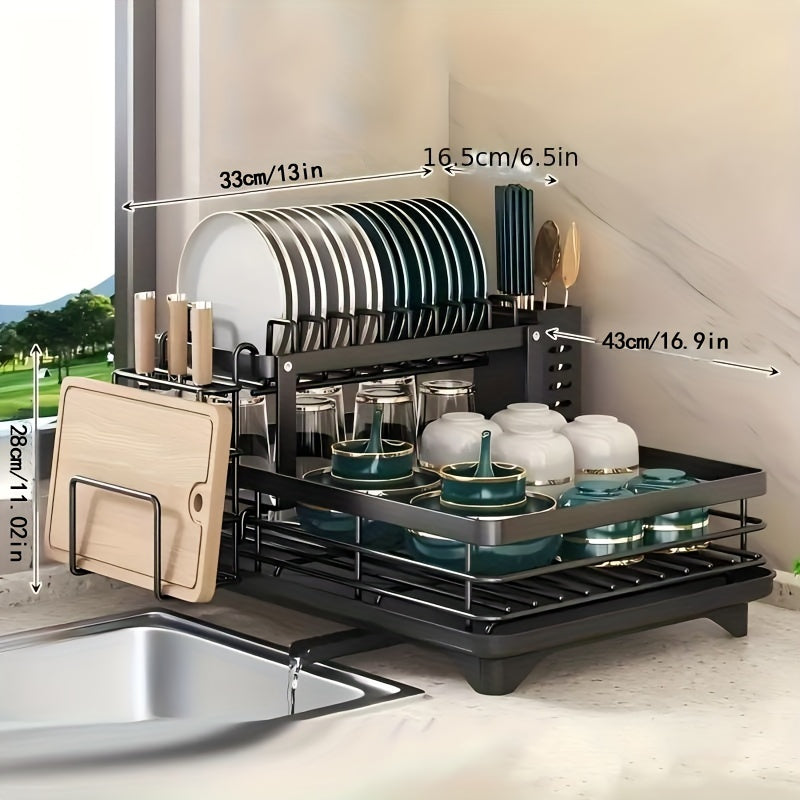 Dish Drying Rack - Dish Drainer For Kitchen Counter With Utensil 2 Tier Dish Rack With Drainboard Space Saving Large Capacity And Easy To Drying Dish Drainers For Kitchen Sink