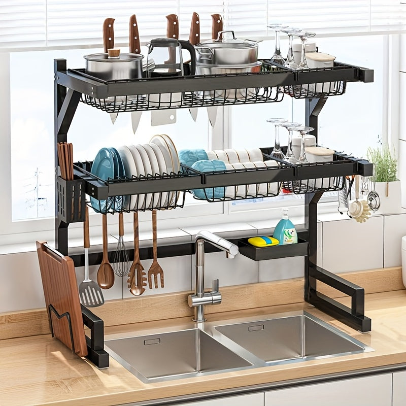 1-Layer/2-Layer Adjustable Countertop Dish Drying Rack - Removable Multi-Functional Kitchen Organizer with Chopstick Holder, Sponge & Cutting Board Storage, Space-Saving Plastic/Metal Design for Sink Area, Dish Drying Rack for Kitchen Counter, Utensil