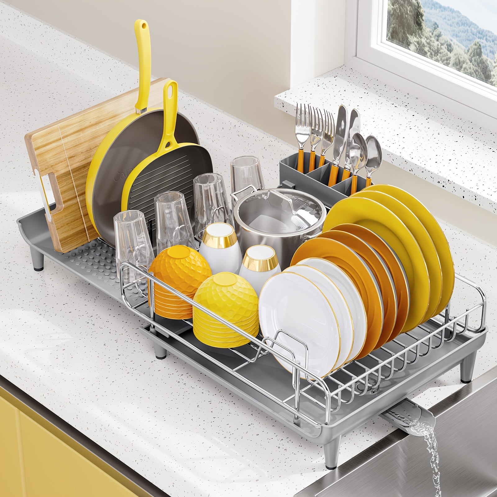 KINGRACK Kitchen Equipment & Supplies, Adjustable Dish Drying Rack, Collapsible Stainless Steel Drainer with Utensil Holder, Spacious Design for Kitchen Countertop