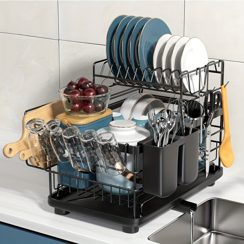 2-Tier Dish Drying Rack with Drain Board, Cutlery Holder, Cutting Board/Cup Holder and 3 Kitchen Counter Hooks, Rust-Proof Large Dish Drain Rack, Black