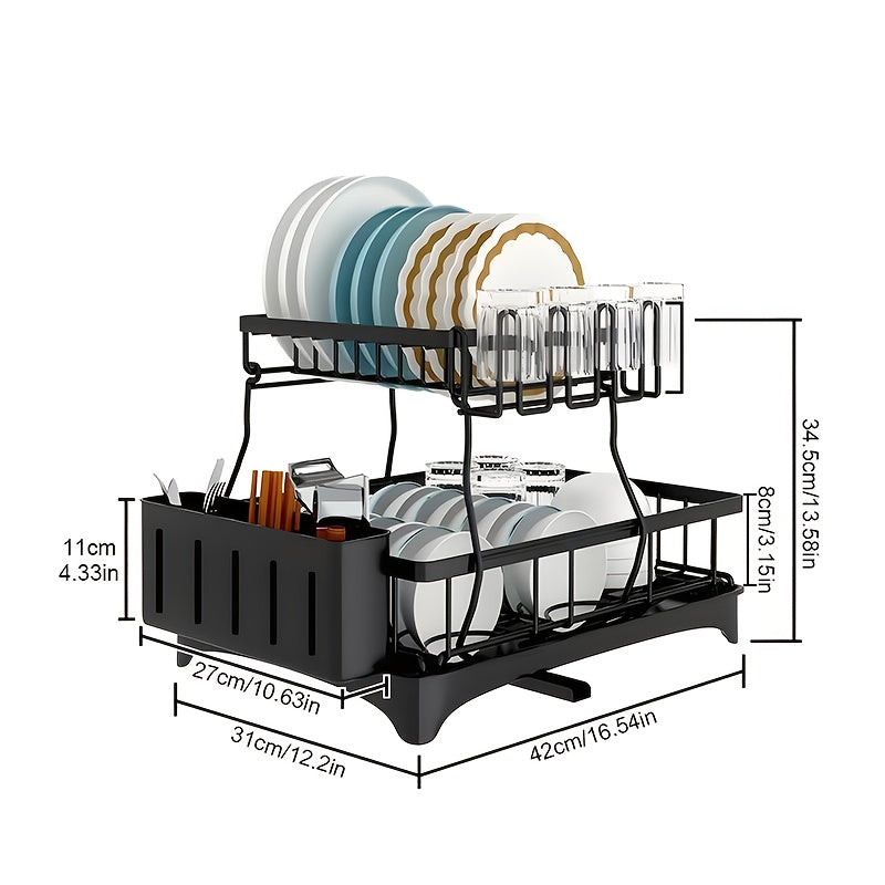 Heavy-Duty Stainless Steel Dish Drying Rack - Space-Saving Two-Tier Countertop Organizer with 360° Drainage System, Plate, Bowl, Cup & Utensil Holders - Compact Sink Rack for Modern Kitchen - Easy to Clean, Dish Drying Rack for Kitchen Counter, Clean Dish