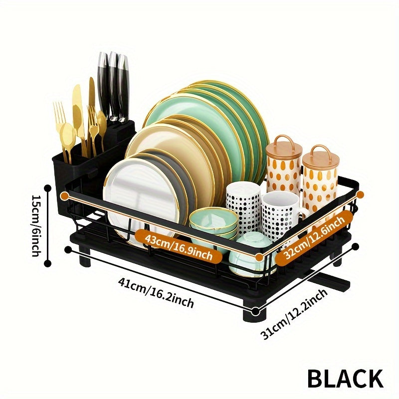 Dish Drying Rack, Single layer dish drain rack- Large Dish Rack with Drainboard, Rustproof Dish Drainer with Utensil Holder for Sink, convenient for storing plates, bowls, cups, knives and spoons