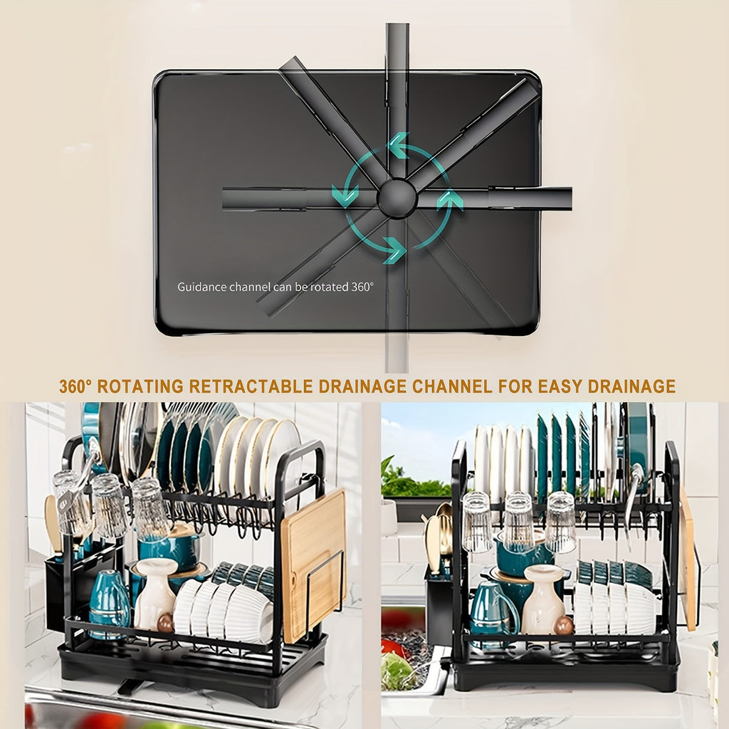 2 Tier Dish Drying Rack with Pot Holders, Dish Racks for Kitchen Counter, Kitchen Utensil Holder Dish Rack with Drainboard, Metal Kitchen Dish Rack, Kitchen Drying Rack Two Tier, Black Dish Racks, Kitchen Organizer, Pantry Organizers And Storage