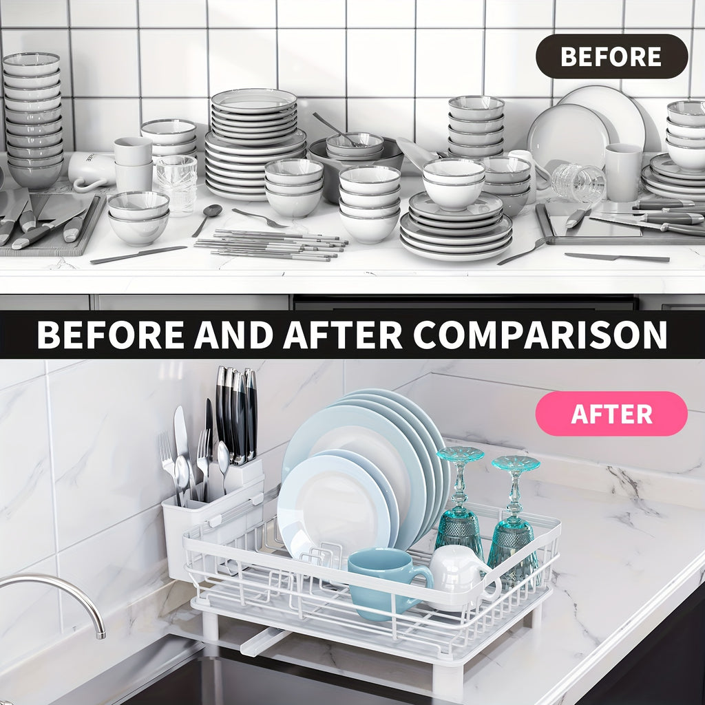 Dish Drying Rack, Single layer dish drain rack- Large Dish Rack with Drainboard, Rustproof Dish Drainer with Utensil Holder for Sink, convenient for storing plates, bowls, cups, knives and spoons