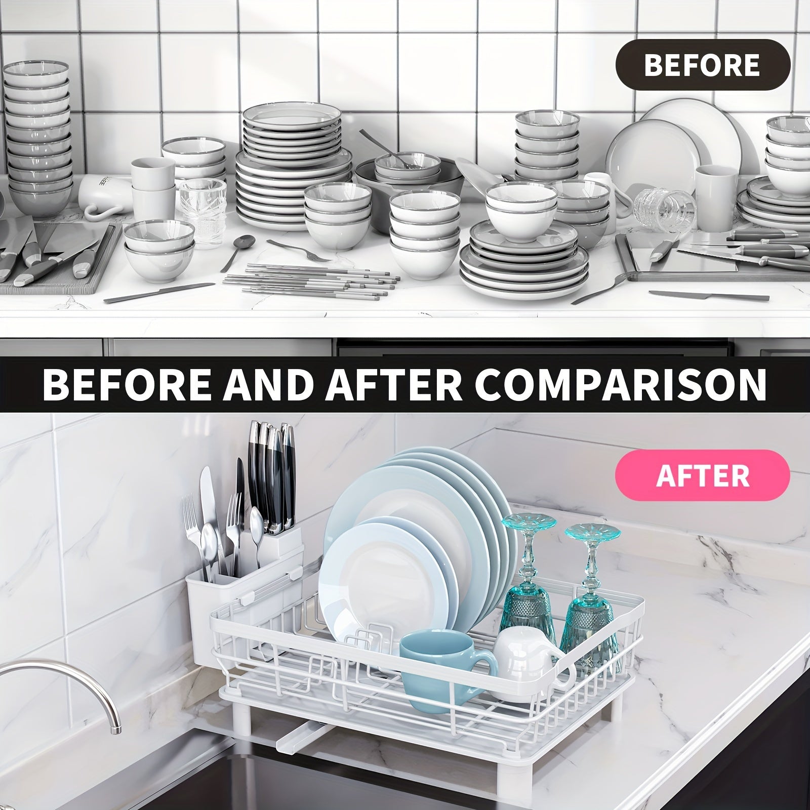 Dish Drying Rack, Single layer dish drain rack- Large Dish Rack with Drainboard, Rustproof Dish Drainer with Utensil Holder for Sink, convenient for storing plates, bowls, cups, knives and spoons