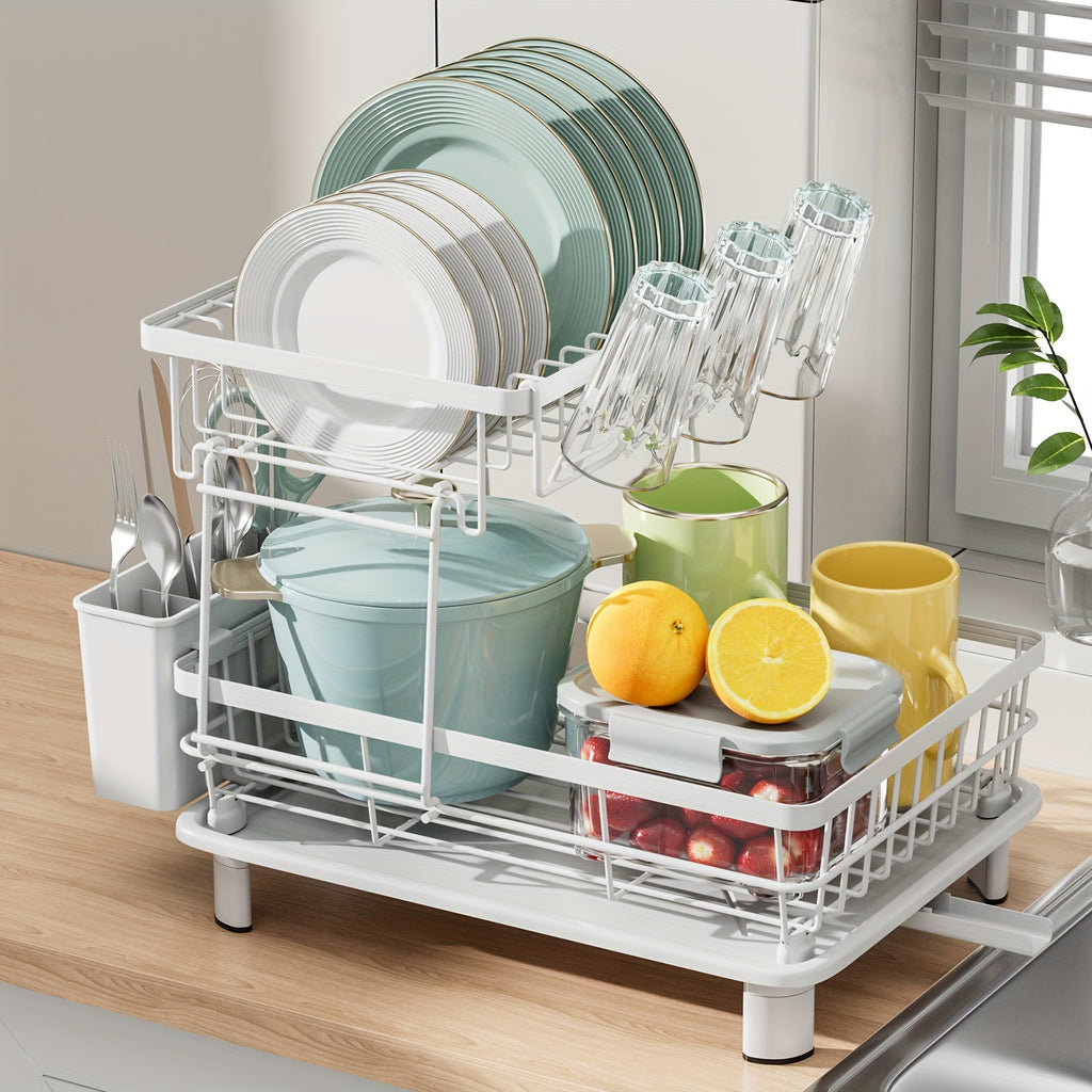 2-Tier Dish Drying Rack with Drain Tray and Swivel Drip Spout, Multifunctional Kitchen Countertop Storage Organizer - Metal and Plastic, Includes Cup Holder and Cutlery Holder, Space-Saving Plate Rack for Home and Apartment Use, 1pc