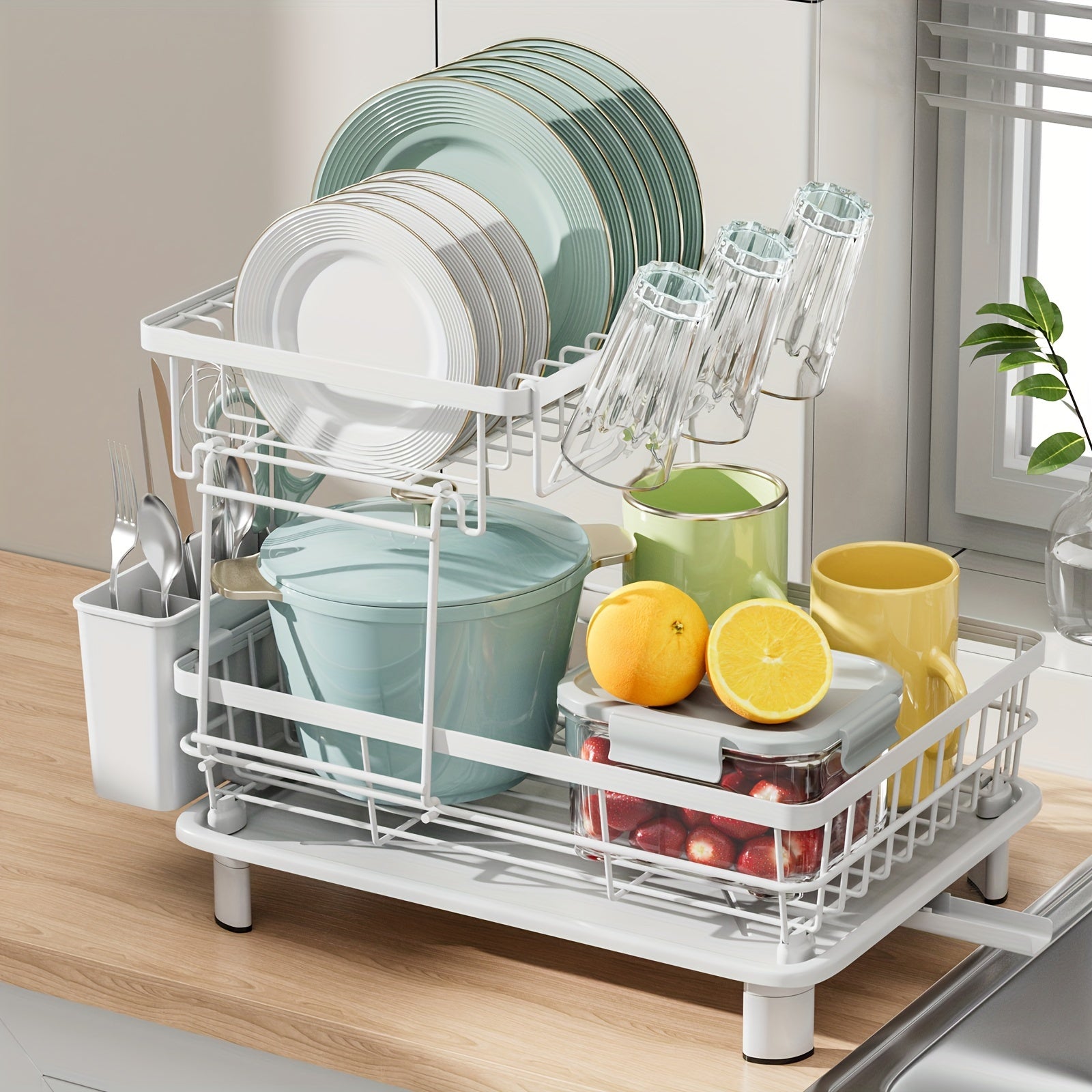 2-Tier Dish Drying Rack with Drain Tray and Swivel Drip Spout, Multifunctional Kitchen Countertop Storage Organizer - Metal and Plastic, Includes Cup Holder and Cutlery Holder, Space-Saving Plate Rack for Home and Apartment Use, 1pc