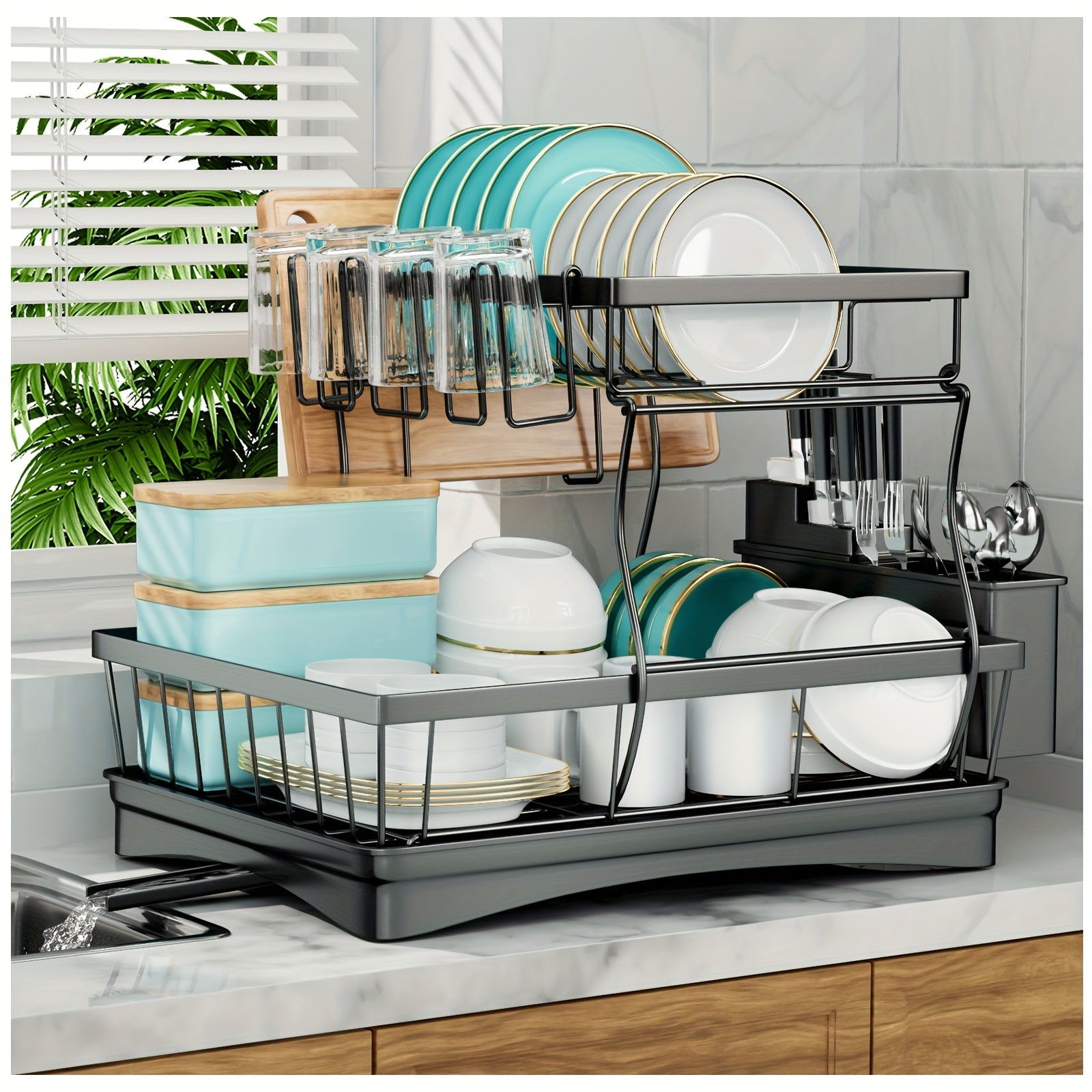 Space saving 2-layer high-capacity sink with bowl and dish holder above, equipped with cutting board, bowl and cup holder, kitchen organizer, durable