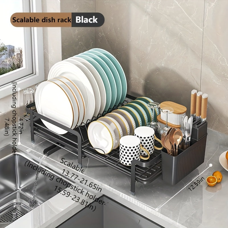 1pc Expandable Dishwasher Rack - Large Utensil Drying Rack with Drainage Plate Set, Multifunctional Utensil Rack for Kitchen Counter, Extendable Utensil Drain for Kitchen Counter, Valentine's Day Gifts, Black/white, 12.59 "W X 13.77" D