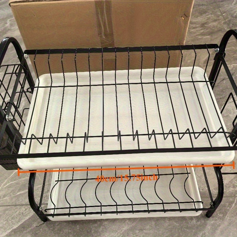 1pc 2-Tier Stainless Steel Kitchen Dish Rack with Utensil Organizer - Space-Saving Countertop Storage for Plates, Bowls & Cutlery (Includes Bonus Dishes), Corrosion-Resistant Design, 2 Tiers Suitable Modern Kitch