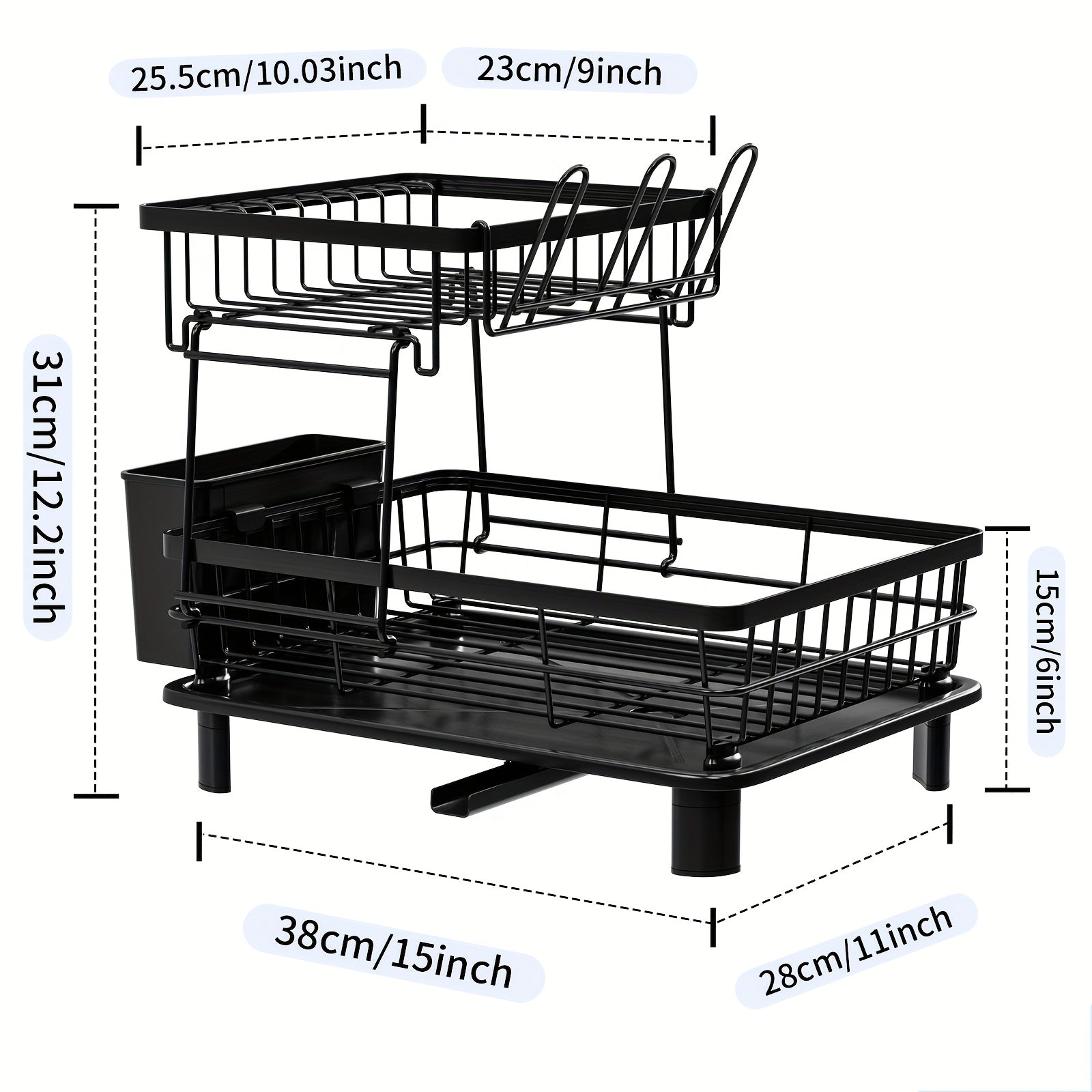 [Steel Dish Rack] Stainless Steel 1/2 Tier Dish Drying Rack | Multifunctional Dish Rack Kitchen Counter, Dish Drainer With Drainboard, Utensil Holder, Cup Holder Dishes, Knives, Spoons, Forks, Black
