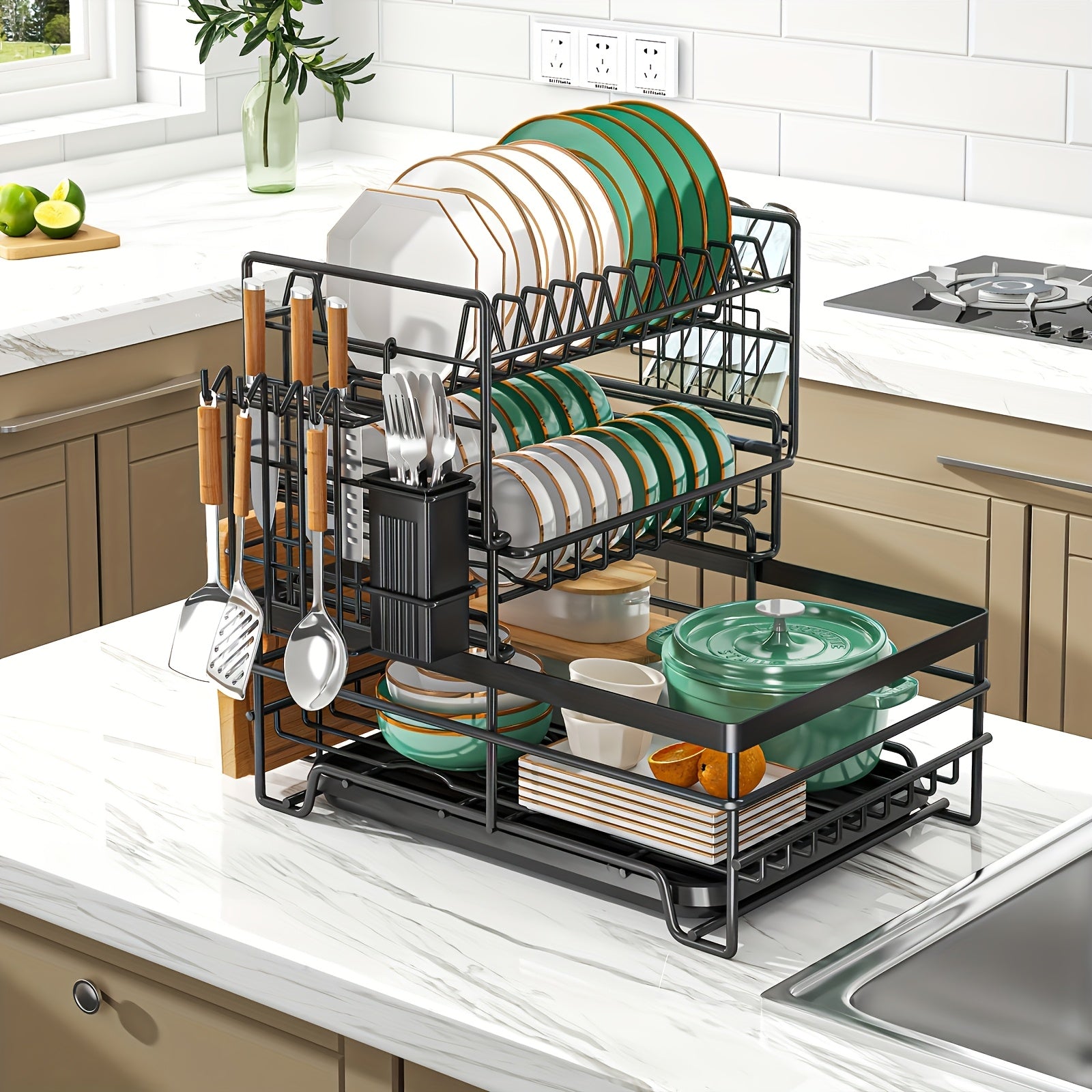 3-Tier Stainless Steel Dish Drying Rack with Removable Utensil Holder, Adjustable Plate Storage & Automatic Drainboard – Space-Saving Kitchen Counter Organizer for Dishes, Bowls, Mugs & More, Dish Drying Rack for Kitchen Counter