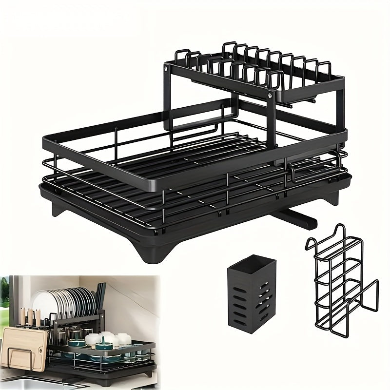 Dish Drying Rack - Dish Drainer For Kitchen Counter With Utensil 2 Tier Dish Rack With Drainboard Space Saving Large Capacity And Easy To Drying Dish Drainers For Kitchen Sink